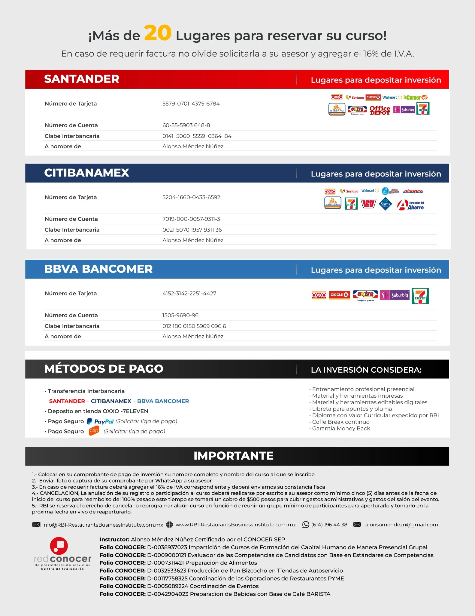 Métodos de pago RBI para reservar cursos